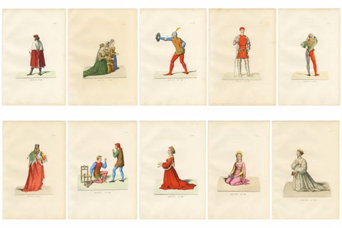 Medieval Courtly Costumes and Figures, Complete Set of 10 Hand-Colored, 1845