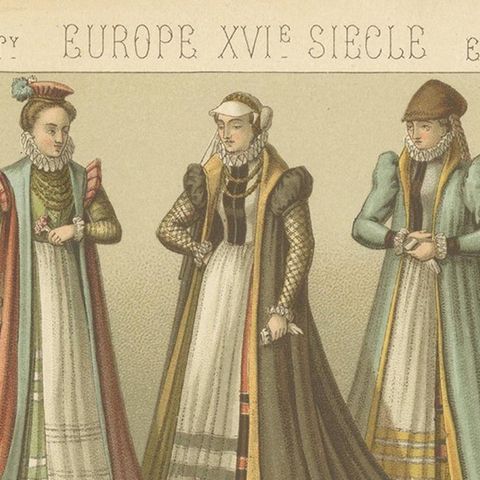 Pl. 63 Antique Print of European 16th Century Costumes by Racinet, circa 1880, close-up 1