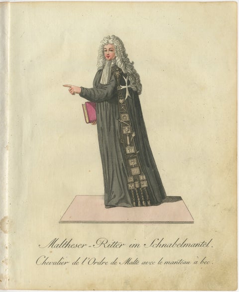 Maltese Knight in Beaked Cloak: 1791 Hand-Colored Engraving of Ceremonial Dress, view 2