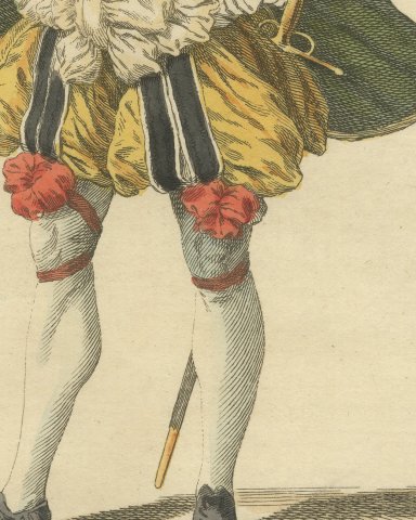 German Nobleman in Plumed Red Cap and Paned Hose, Costume of 1577, 1757, close-up 3