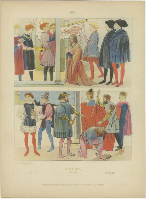 Italy 10th–16th Century, Set of Eight Antique Hand-Colored Costume Prints, 1880, view 4