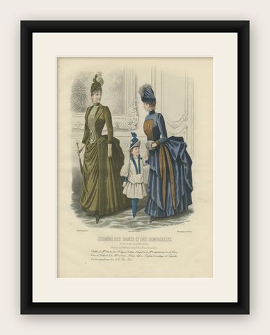 French Fashion Print, Parisian Ladies & Child Interior Scene, c.1887, shown framed