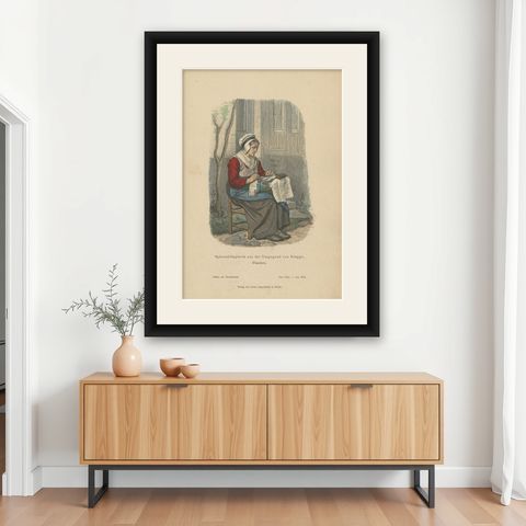 Antique Costume Print of a Lacemaker from Bruges in Belgium, c.1880, shown framed on a wall
