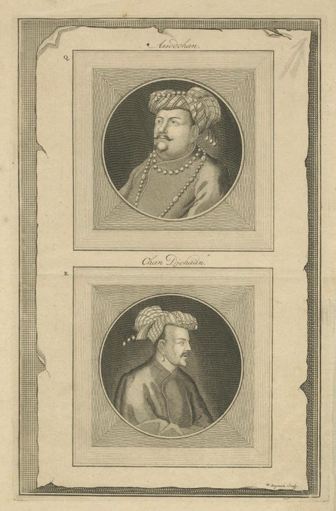 Mughal Nobles Asad Khan & Khan Jahan Portrait Engraving, Valentijn, c.1726, close-up 1