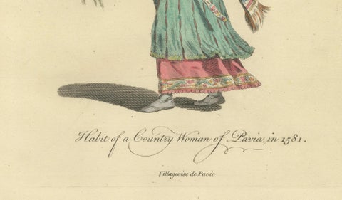 Italian Country Woman Costume Print, Pavia Peasant Dress, 1749, close-up 2