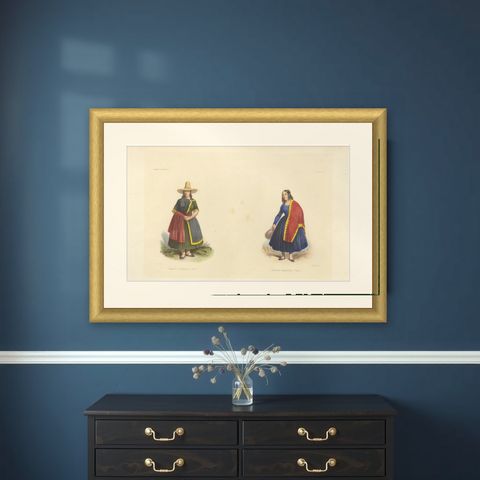 Peruvian Women's Costumes, Huarochirí & Huancavelica, Hand-Colored, 1841, shown framed on a wall