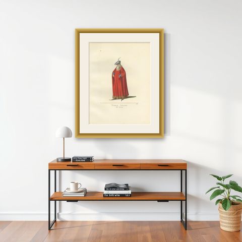 Antique Print of an Italian Nobleman, 14th Century, by Bonnard, 1860, shown framed on a wall