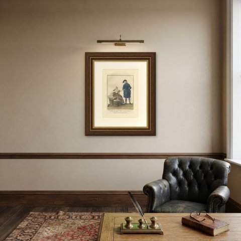 Fishwife asking an Extra Stuiver, Dutch Costume Print, 1811, shown framed on a wall
