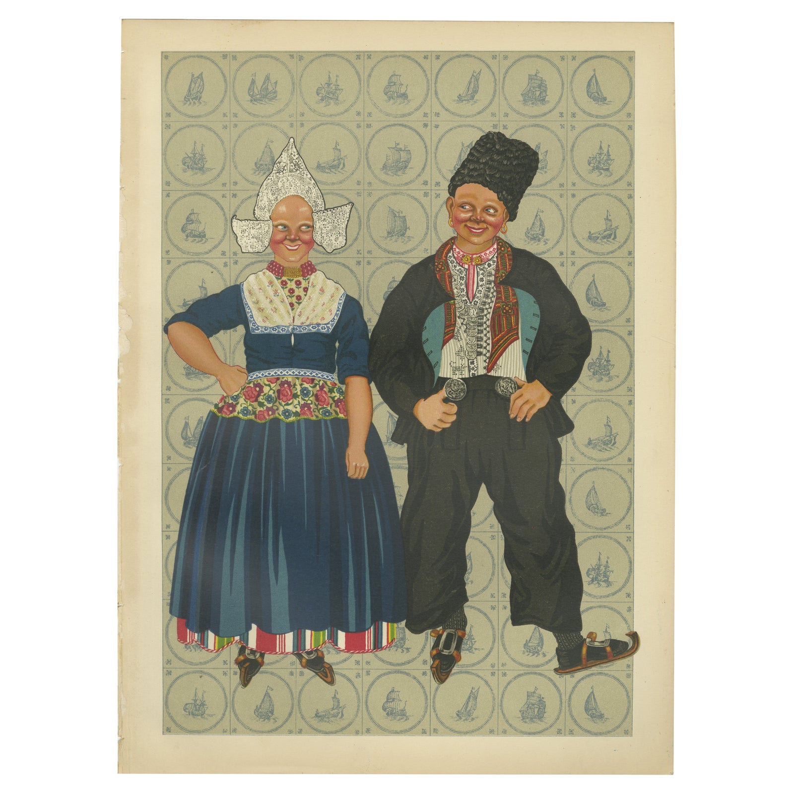 Colorful Volendam Wedding Attire, 19th Century, Antique Dutch Costume Print