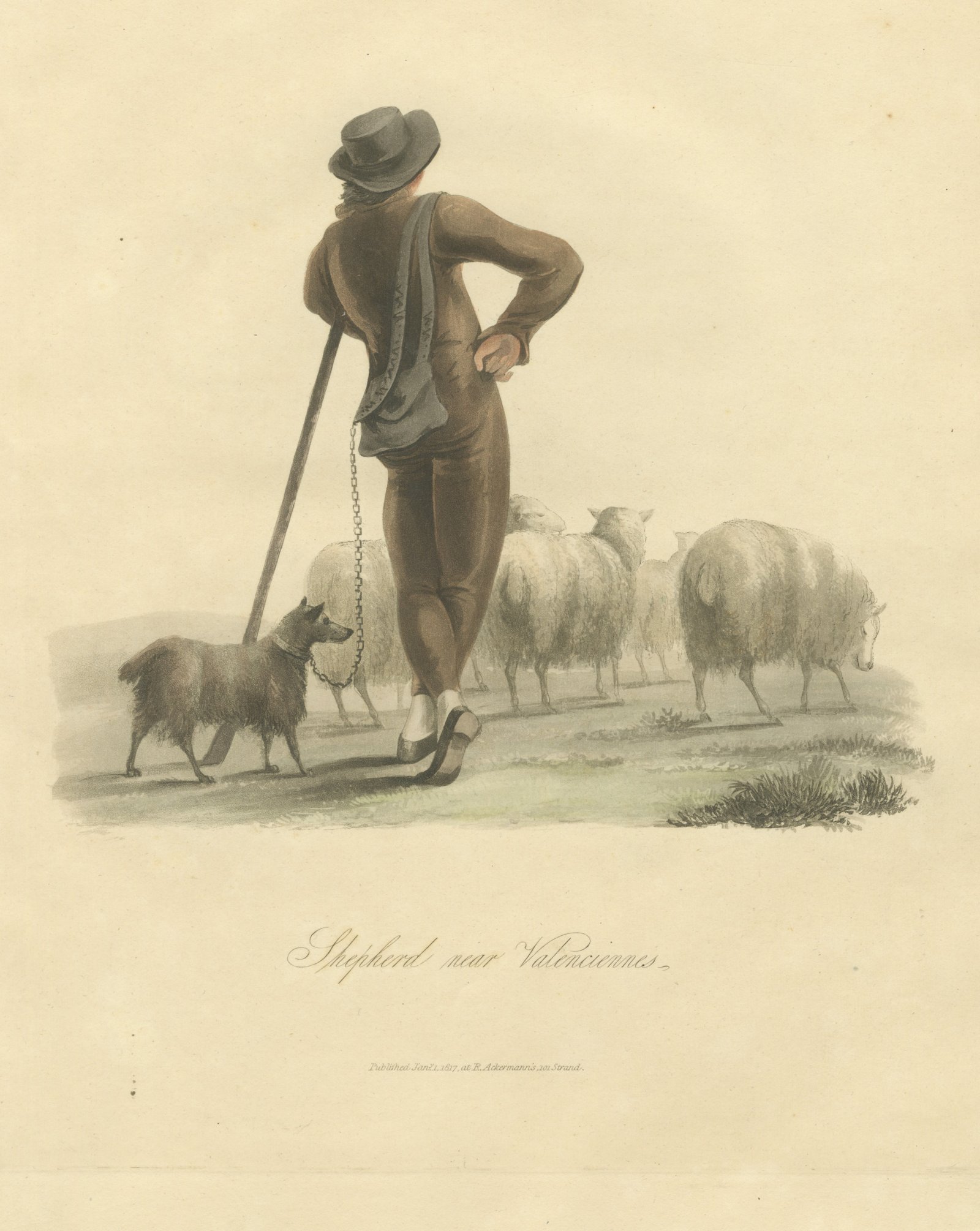 Shepherd near Valenciennes with his Flock, Antique Ackermann Print, 1817