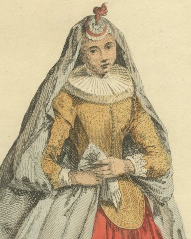 Woman of Quality of Cologne in Gray Veil and Red Skirt, Costume of 1640, 1757, close-up 1
