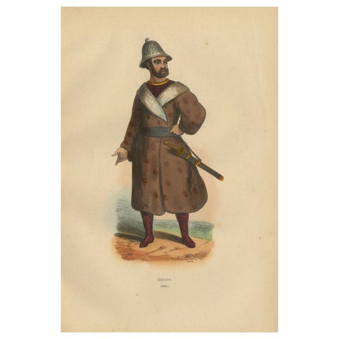 Traditional Eleuth Warrior Attire in 1844 Hand-Colored Lithograph
