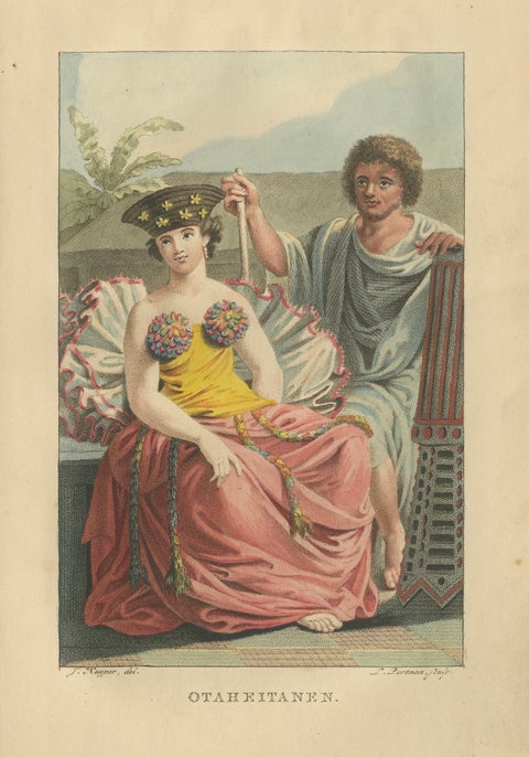 Otaheite Tahiti Couple in Native Dress, Hand-Colored Ethnographic Print, 1807