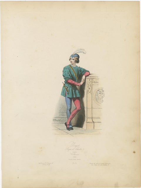Antique French Costume Print of Medieval Page Boy, Hand-Colored, 19th Century, view 2