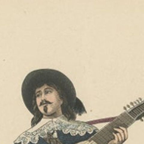 Antique Costume Print of a Lute Player from Holland, c.1880, close-up 1