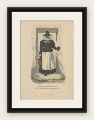 Antique Costume Print of a Farmer's Wife from Upper Austria, shown framed