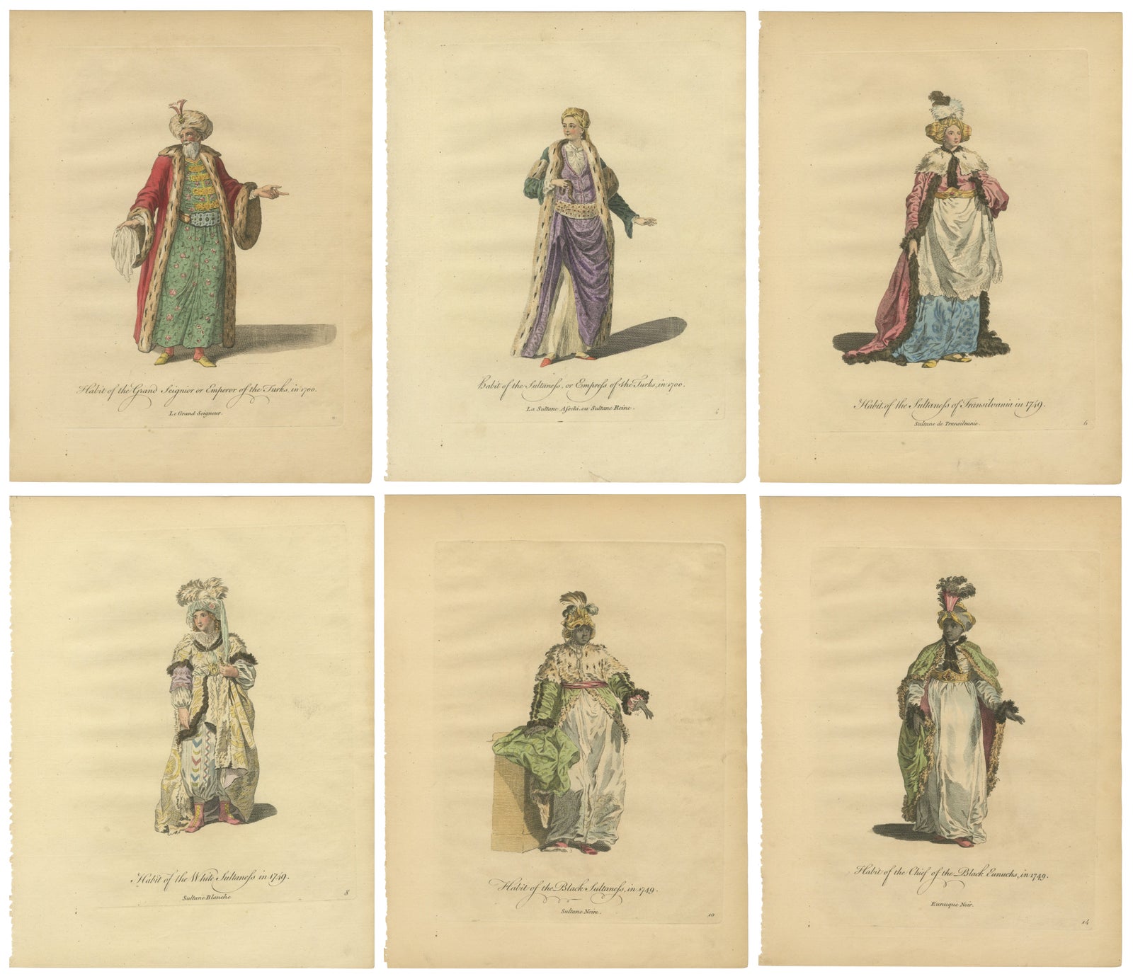 Set of 6 Ottoman Costume Prints, Hand-Colored Engravings, 1767