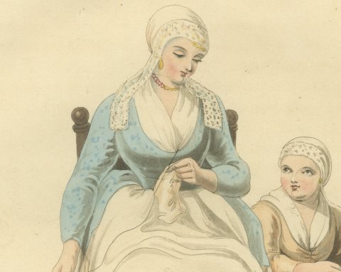 Woman and Child of Friesland, Frisian Dress, Antique Ackermann Print, 1817, close-up 1