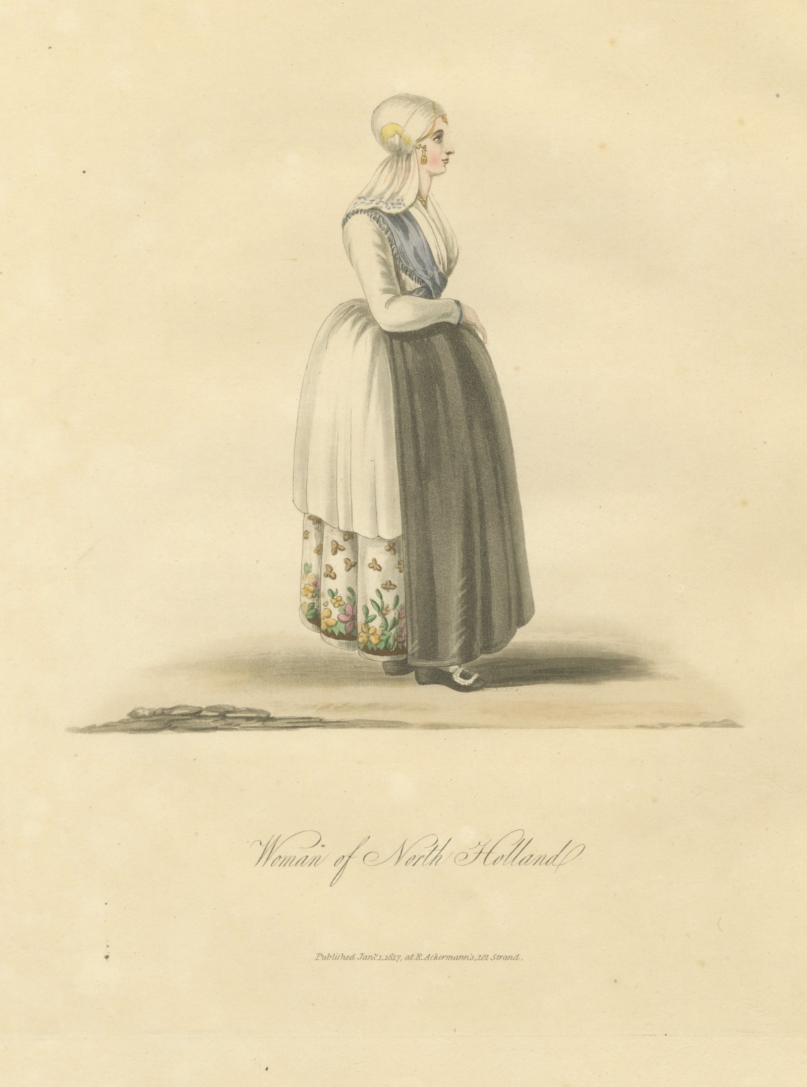 Woman of North Holland, Gold Head Ornament, Antique Ackermann Print, 1817