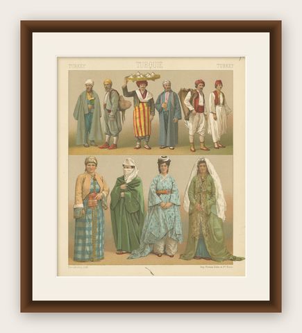 Antique Print of Turkish Costumes by Racinet, 'circa 1880', shown framed
