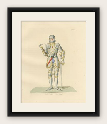 Joan of Arc in Armor, Antique Hand-Colored Costume Lithograph, c.1845, shown framed