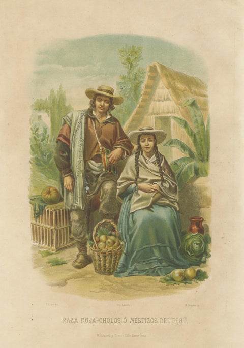 Original Antique Costume Print of Peruvian Mestizos, "Raza Roja", c.1880, close-up 2