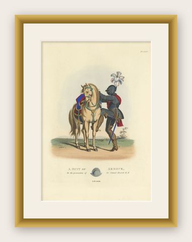 Original Handcolored Antique Print of a Suit of Armor, '1842', shown framed