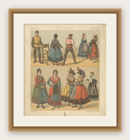 Pl. 175 Antique Print of Spanish Costumes by Racinet, 'circa 1880', shown framed