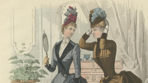 French Fashion Print, Interior Mirror Scene, Parisian Ladies, c.1887, close-up 4