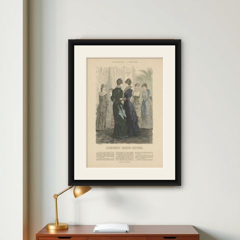 Antique Fashion Print by Marquart, 1881, shown framed on a wall