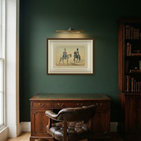 Guardias de la Persona del Rey, Spanish Royal Guard Cavalry, Lithograph, 1861, shown framed in a room