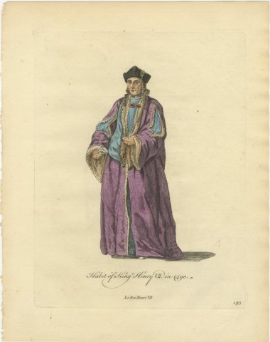 Habit of King Henry VII in 1490, Hand Colored Jefferys Costume Plate, 1757, view 2