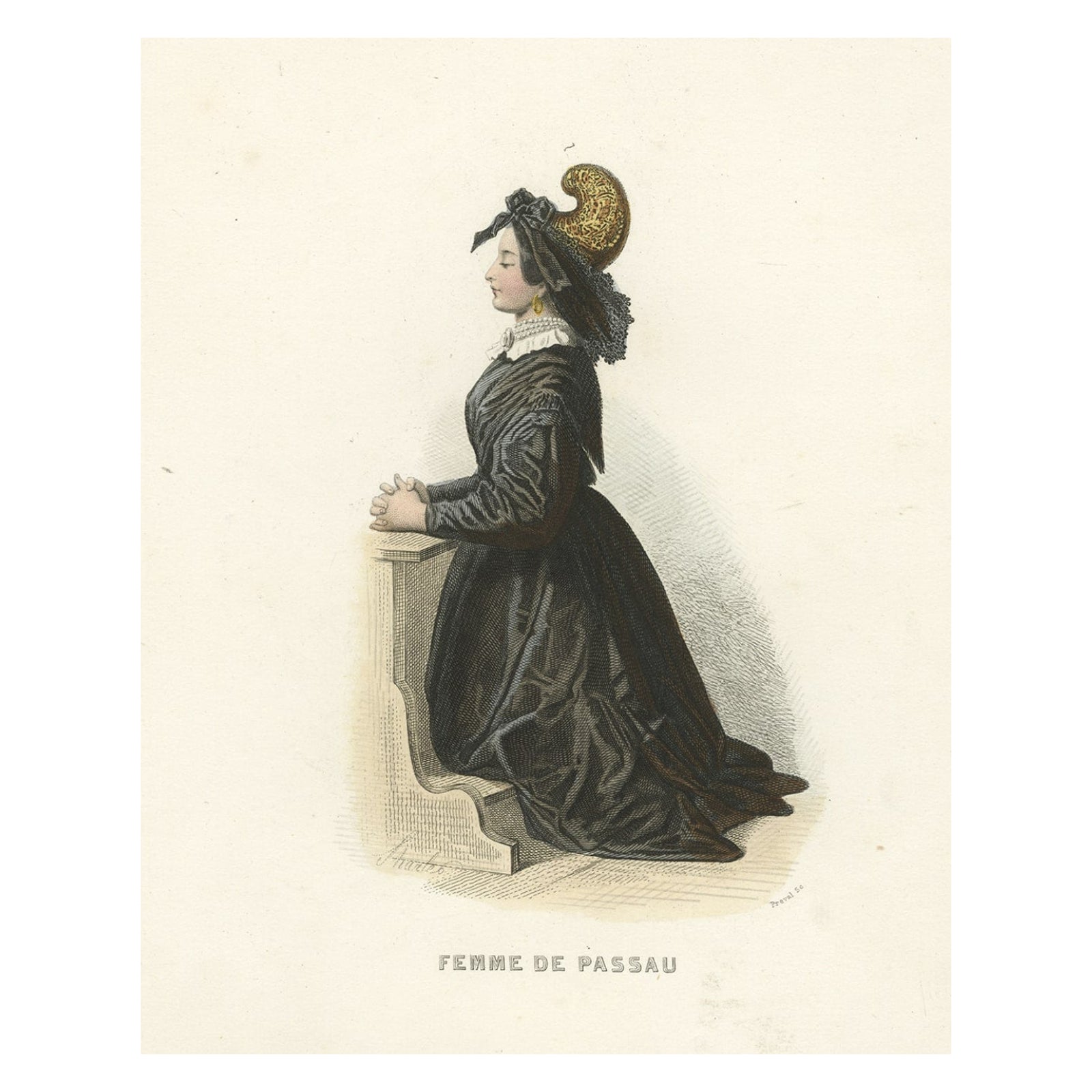 Antique Print of a Lady from Passau, City in Lower Bavaria, Germany, 1850