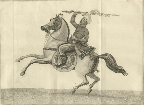 Mounted Warrior of the Kassai Region, Antique Costume Print, circa 1800, close-up 5