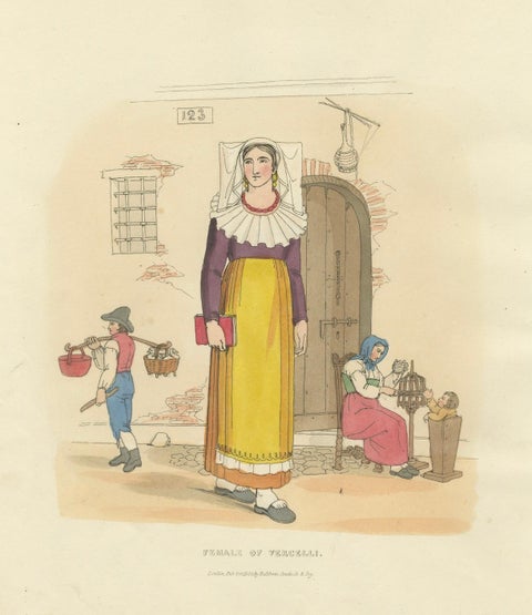 Italian Costume, Female of Vercelli, Hand-Coloured Print by R. Bridgens, 1835, close-up 5