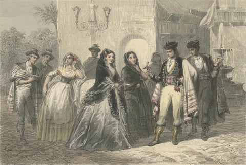 Costumes of Majorca, 19th-Century Hand-Colored Engraving by Ed. Willmann, close-up 2