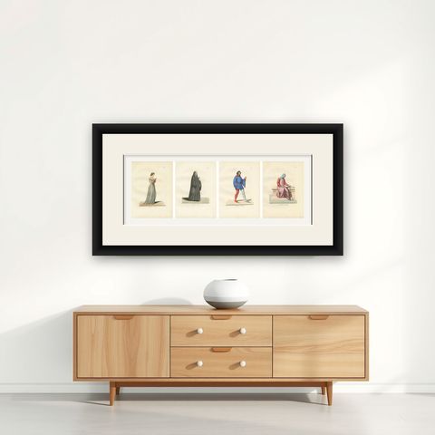 Set of Four Medieval Figures, Costume & Daily Life, Handcolored Engravings 1845, shown framed on a wall