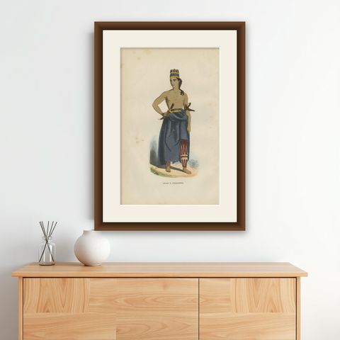 Antique Print of an Inhabitant of Java in Costume by H. Berghaus, 1855, shown framed on a wall