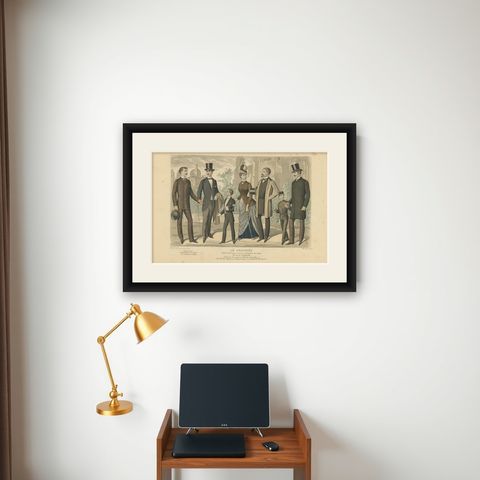 Antique Fashion Print of Gentlemen and Woman in France, 1887, shown framed on a wall