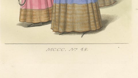 Medieval Women's Costumes c.1300, Hand-Colored Costume Plate, Mercuri 1845, close-up 3