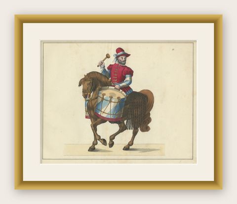 19th-Century Hand-Coloured Print of a Drummer on Horseback in Medieval Attire, shown framed