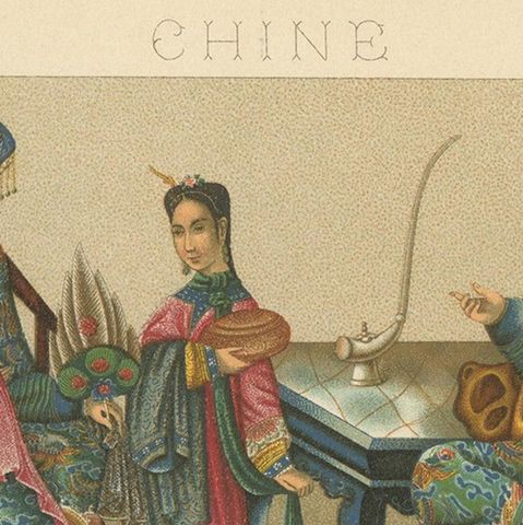 Pl. 54 Antique Print of Chinese Costumes by Racinet, 'circa 1880', close-up 1
