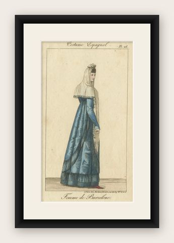 Woman of Barcelona, Hand-Colored Engraving from Costume Espagnol, Paris, c.1805, shown framed