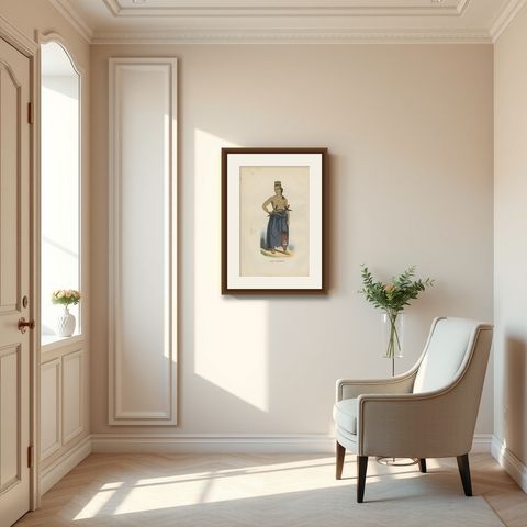 Antique Print of an Inhabitant of Java in Costume by H. Berghaus, 1855, shown framed in a room