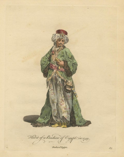 Habit of a Bashaw of Egypt, Elegant Ottoman Costume Engraving, 1749, close-up 1