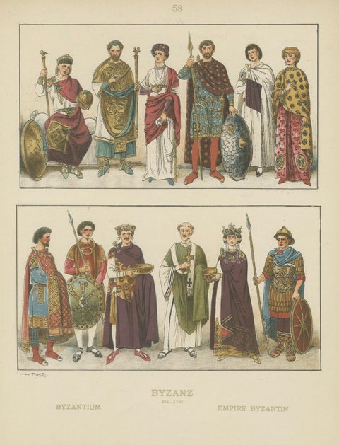 Byzantine Costume Plate 800–1100, Antique Hand-Colored Print c.1880, close-up 1