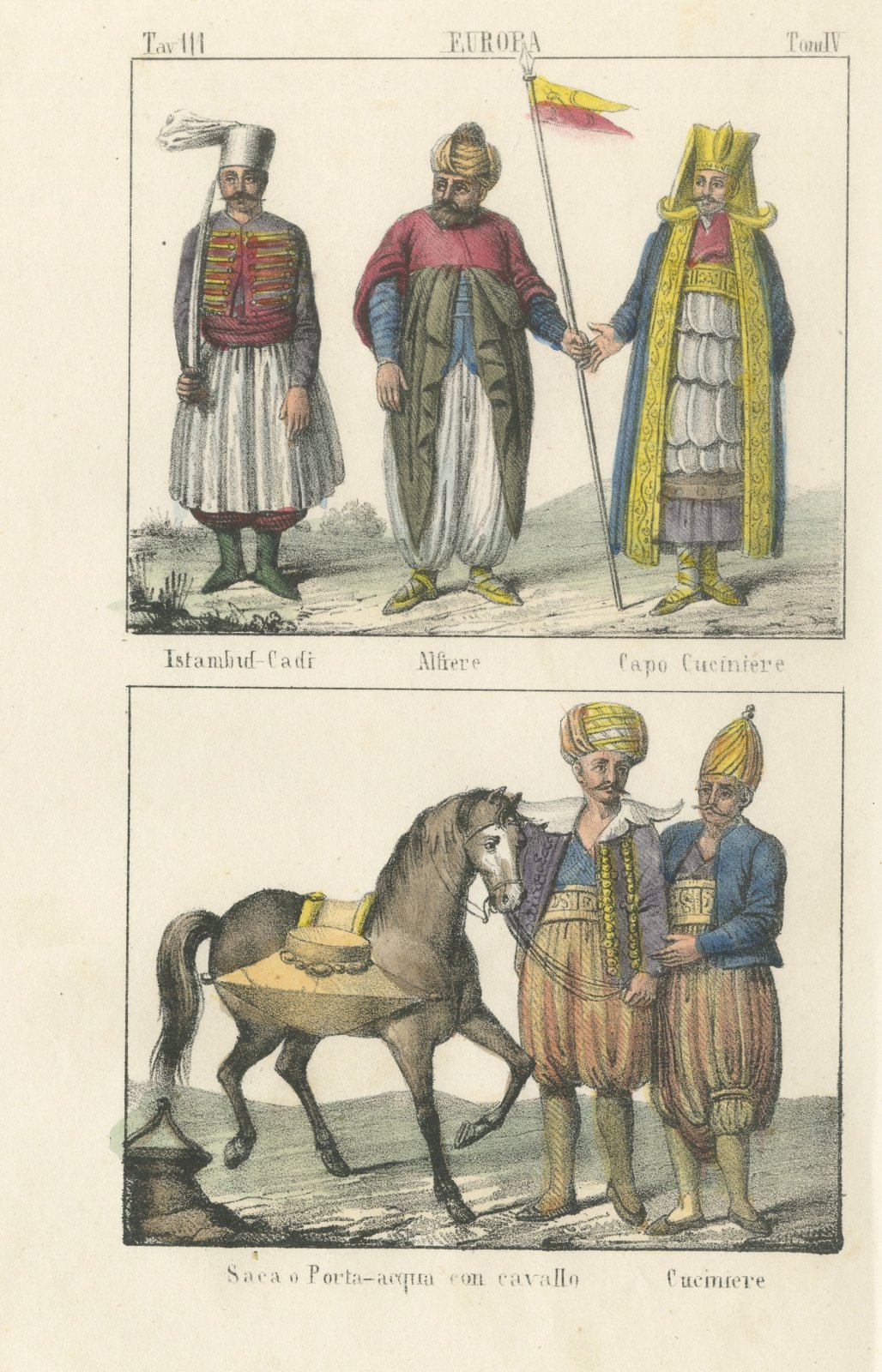Istanbul Cadi, Standard Bearer, Head Cook and a Water Carrier, 1842