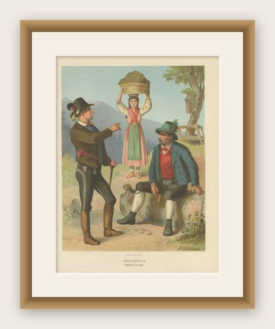 Old Print Showing the Costumes of Austria, Region Salzkammergut, 1870, shown framed