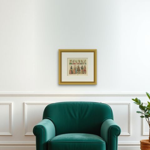 Pl. 104 Antique Print of French 17th Century Costumes by Racinet, circa 1880, shown framed on a wall