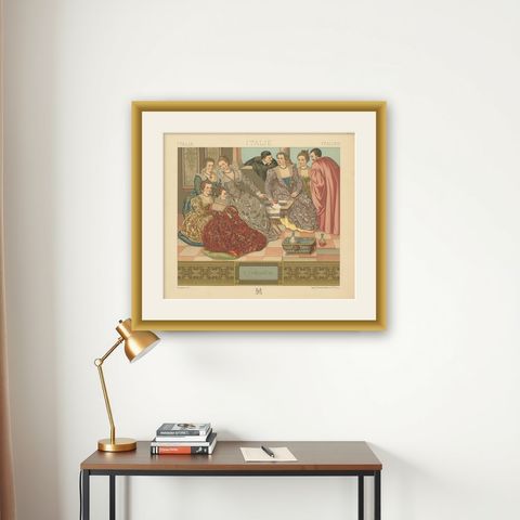 Pl. 170 Antique Print of Italian P_Veronese Costumes by Racinet, 'circa 1880', shown framed on a wall